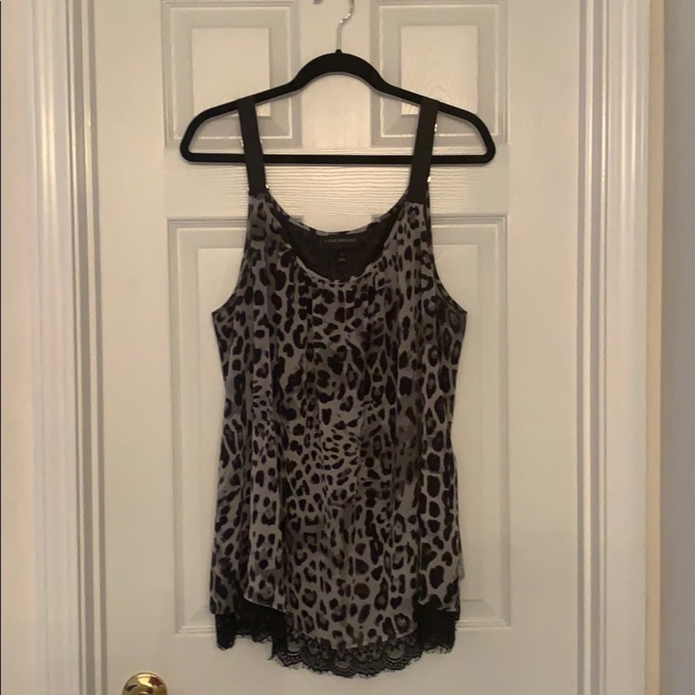Black and gray camo design top with thin straps.